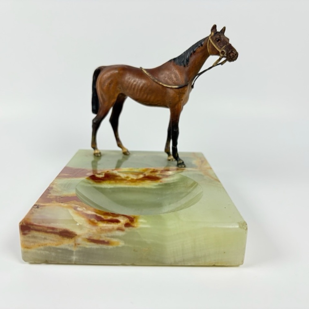 Antique Austrian Cold Painted Bronze Horse On Green Onyx Ashtray Base circa 1910